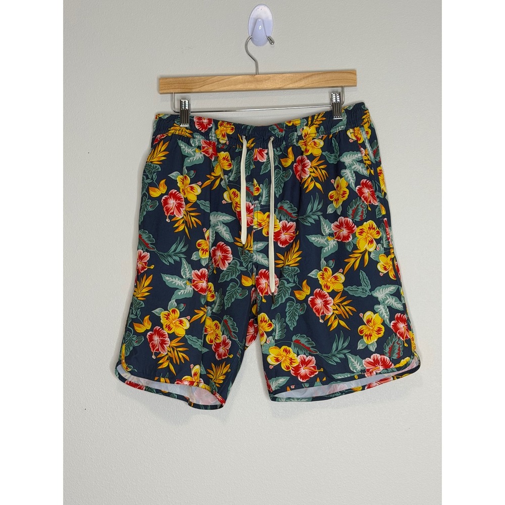 Fair Harbor Swim Shorts Blue Floral Drawstring All Over Print Sz L